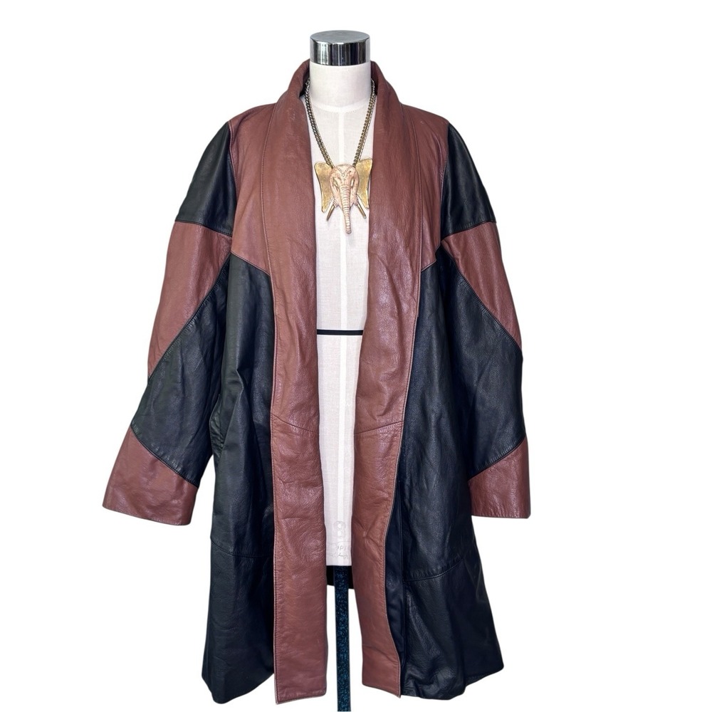 Vintage‎ 90's Lerner Genuine Black & Brown Leather Swing Coat size L